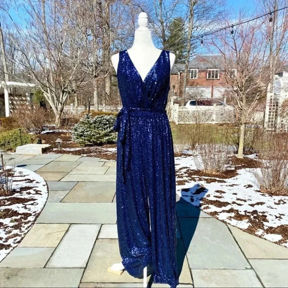 NWT BHLDN Sachin and Babi Somers Sequin Wide Leg Wedding Jumpsuit Party in Blue - Picture 17 of 17